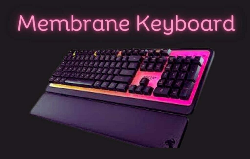 A membrane keyboard with a purple case and pink keycaps.