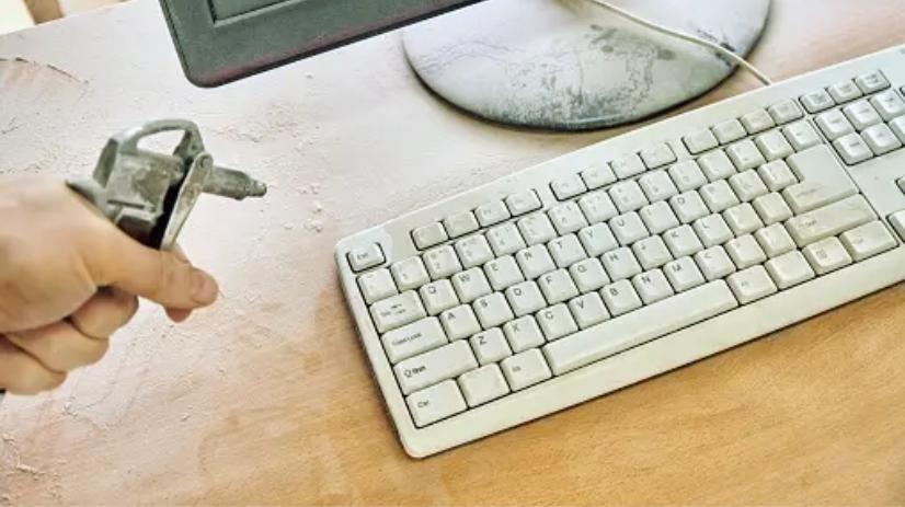 Person cleans laptop keyboard with Compressed air 

