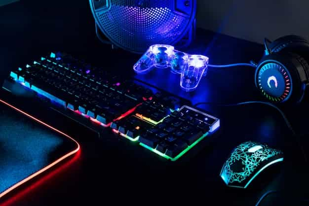 A desk with a mechanical keyboard, gaming mouse, and controller on it.