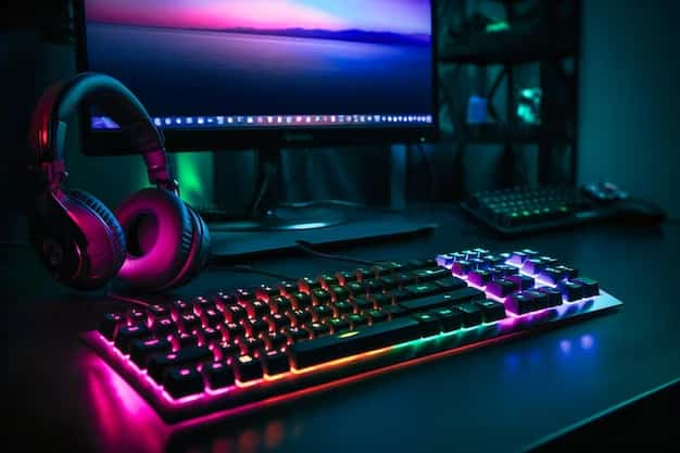 A gaming keyboard with a black case, RGB backlighting, and dedicated macro keys.

