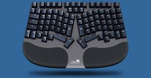 An ergonomic keyboard with a split keyboard design and adjustable palm rests.

