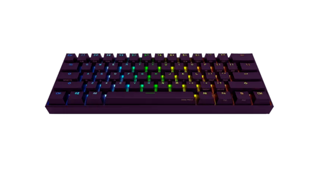 A compact, purple keyboard with vibrant, colorful keys designed for programming tasks