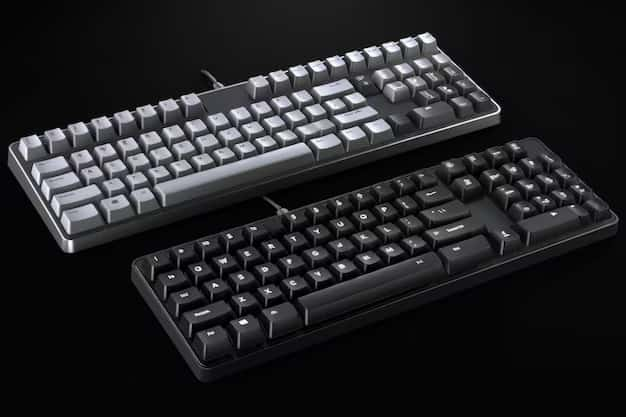 Two mechanical keyboards with black and white keycaps. The keyboards are sitting on a black surface.

