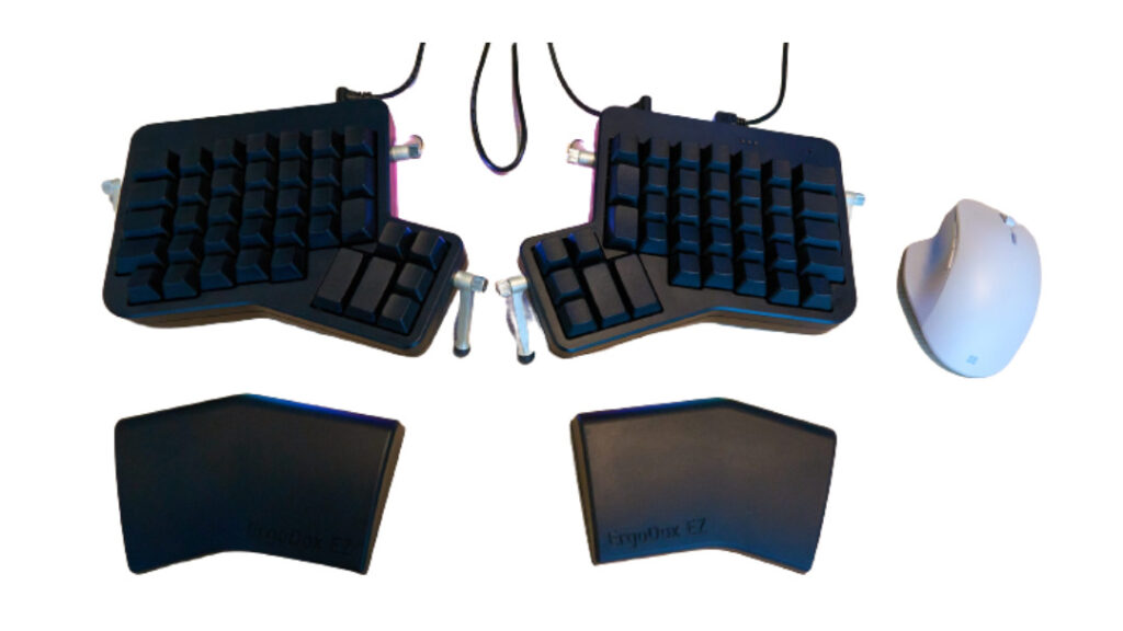 A keyboard and mouse set featuring an ergonomic keyboard for programming purposes