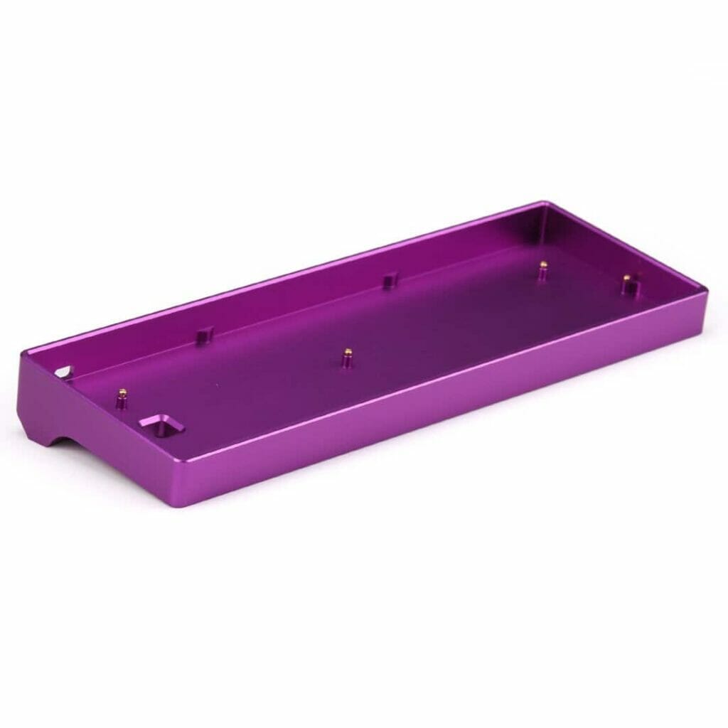 A purple aluminum case for a 60% mechanical keyboard.

