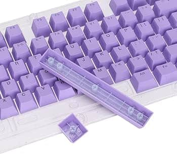 A set of white and purple keycaps with a Japanese Hiragana sublegends. The keycaps are made of PBT material and have a Cherry profile.

