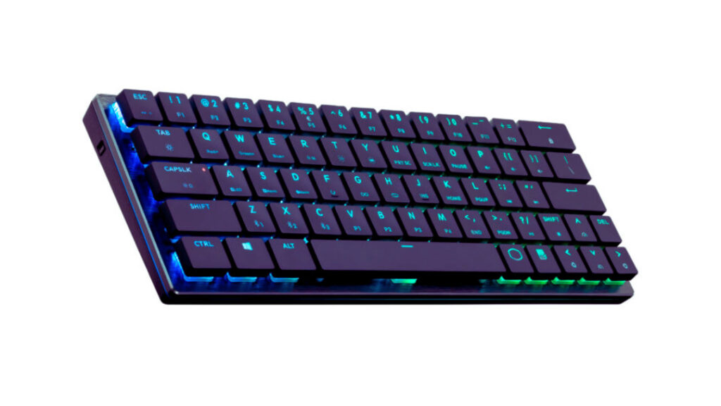 A sleek, low profile keyboard in purple with vibrant blue lights, designed for programming