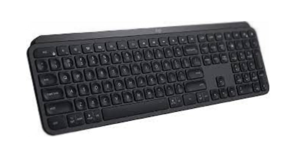 An image of a black wireless programming keyboard placed against a white backdrop.