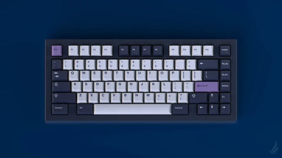 75% Compact tenkeyless Keyboard with violet keys on blue backdrop.