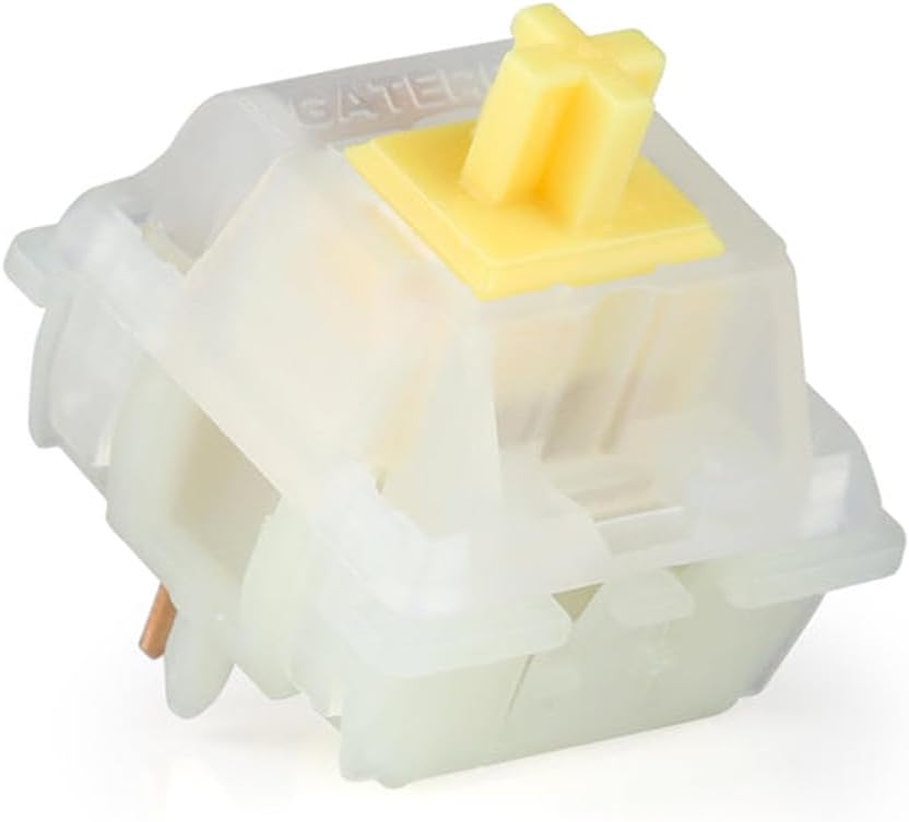 A Gateron Milky Yellow mechanical keyboard switch. The switch has a yellow top and a white housing. It is a linear switch with a 50g actuation force.

