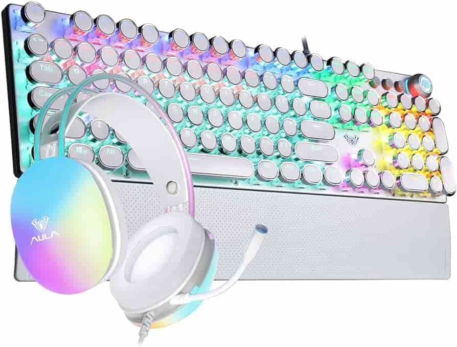 A white keyboard illuminated by a vibrant rainbow LED light, adding a colorful touch to the sleek design.