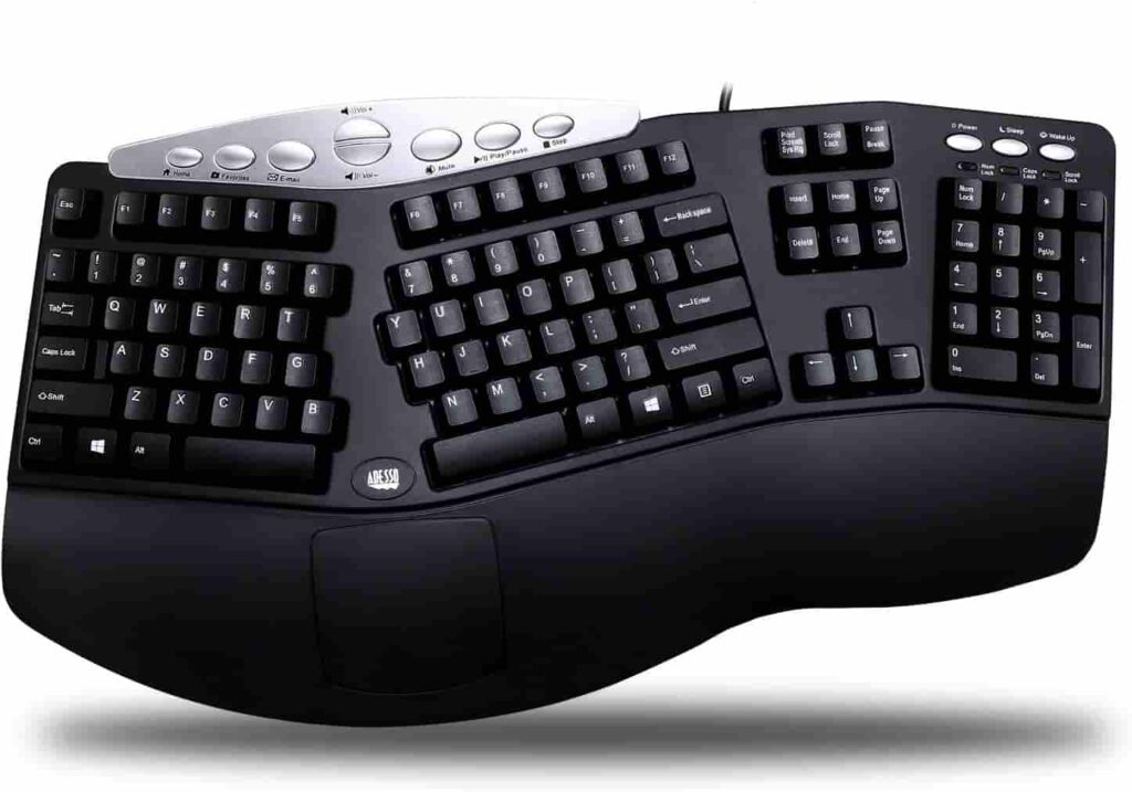 A curved keyboard with contoured keys, designed to offer improved comfort and reduce wrist strain while typing