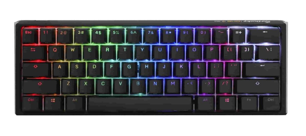 Ducky One 3 Mini Pro keyboard with vibrant backlit keys, featuring Kailh Box Brown switches.