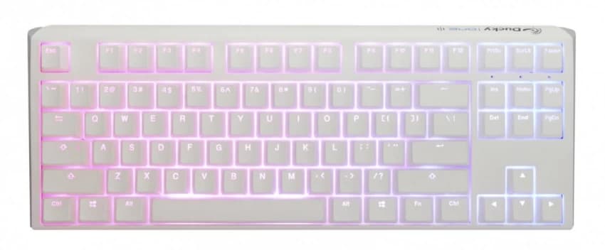 Ducky One 3 TKL Pro keyboard with vibrant pink and blue backlighting.