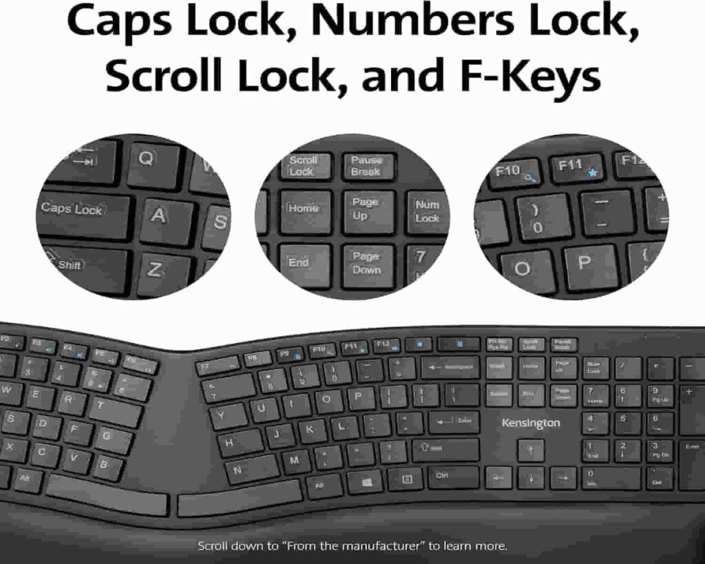 A keyboard with caps lock, numbers, scroll lock, and f keys. Ergonomic design for comfortable typing.


