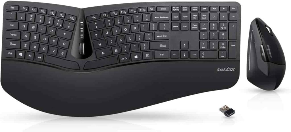 A keyboard and mouse placed side by side, with an ergonomic keyboard design for comfortable usage.


