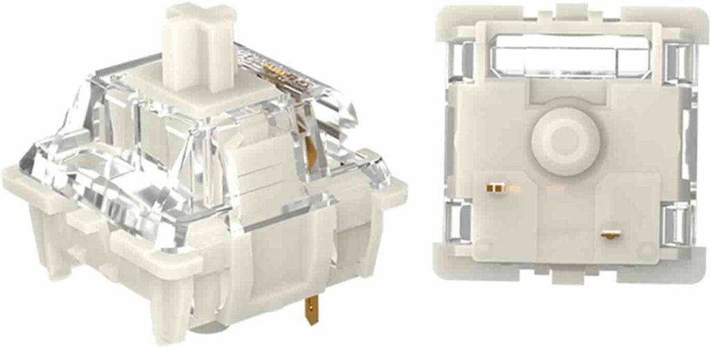 Gateron White Switch: A white plastic switch with a gold-plated metal cover.