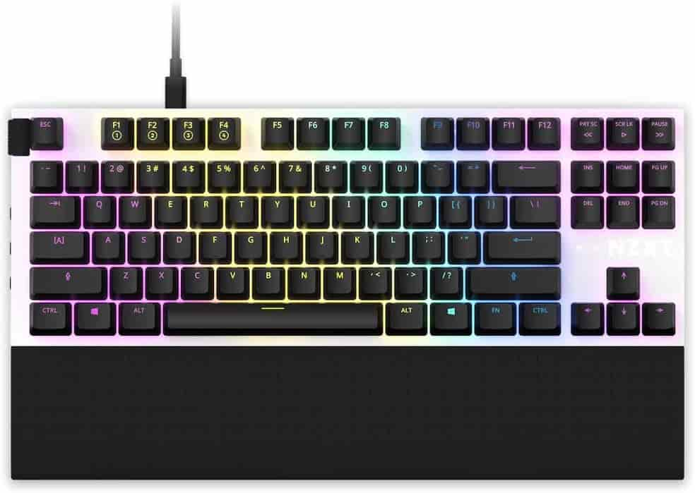 A hot-swappable keyboard with a rainbow colored keypad, providing a vibrant and customizable typing experience.


