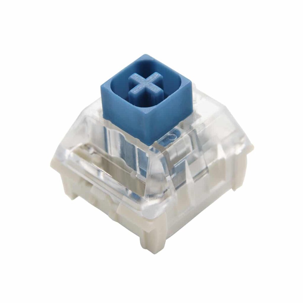 Kailh Blue Switch: A blue and white plastic switch with a cross symbol on it.