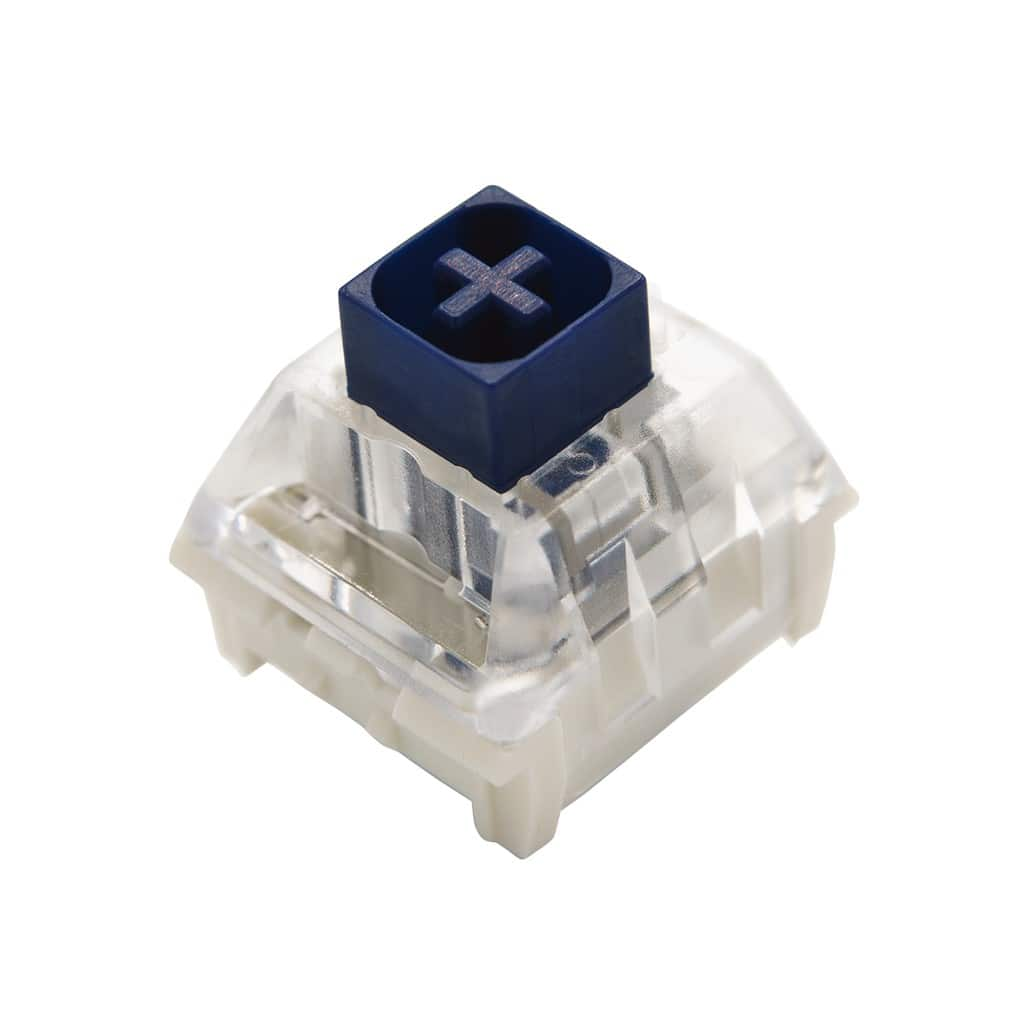 A compact plastic switch in blue and white colors, commonly known as Kailh Box Switches