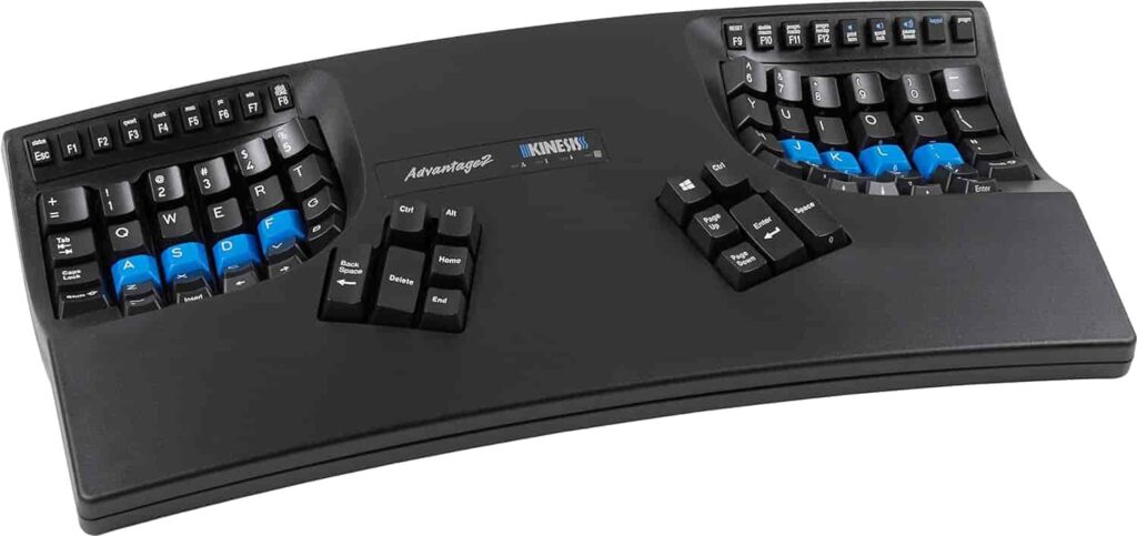 Blue and black keys on the Kinesis Advantage2 Ergonomic Keyboard.