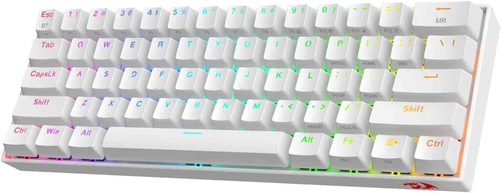 Vibrant keys in various colors on a white keyboard, the Redragon K530 Pro Draconic Keyboard