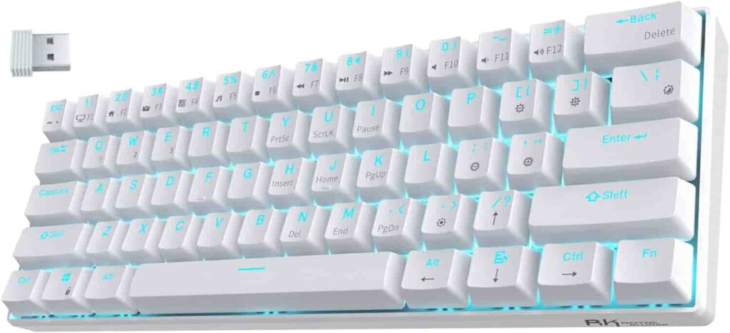 Royal Kludge RK61 Keyboard, a white keyboard with blue lights illuminating the keys.