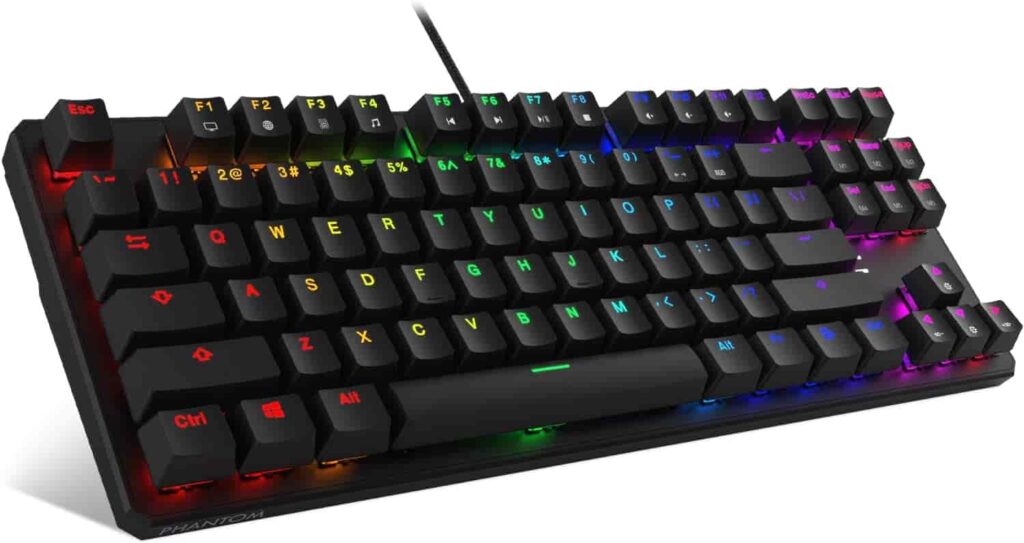 Image of Tecware Phantom 87 gaming keyboard showcasing its vibrant, colorful keys.