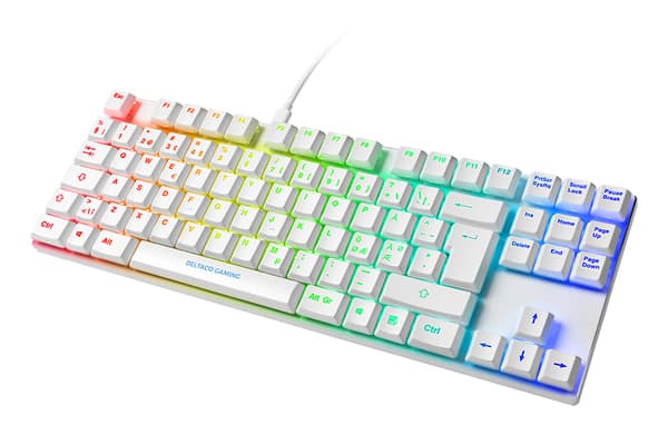 White keyboard adorned with a variety of colorful keys, showcasing the Glorious GMMK Pro