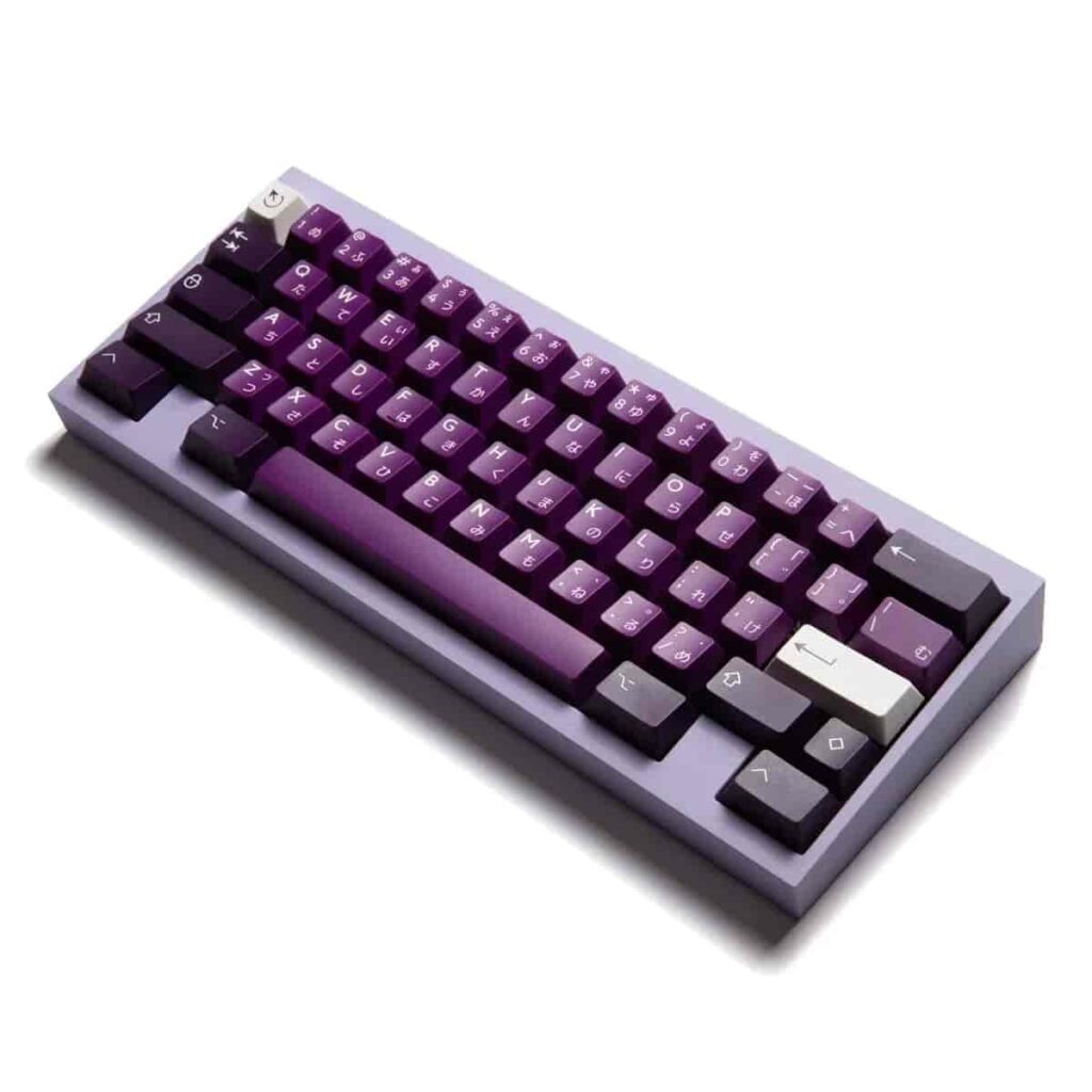 A purple keyboard on a white background, showcasing KBDFans keyboard with endless customization options