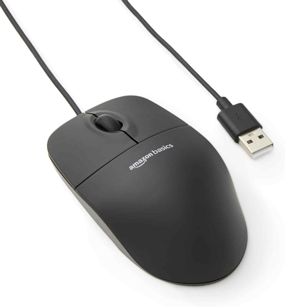 An image of a black wired mouse with a connected cord