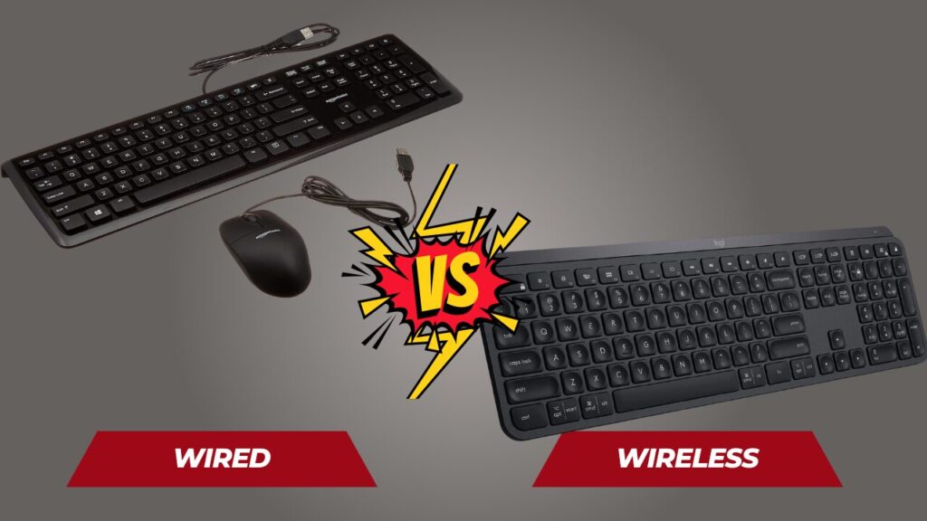 Comparison of wired and wireless keyboards - a computer keyboard and mouse with labels indicating the two types