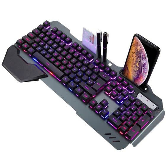 A backlit keyboard with a phone and a mouse. Ideal for installation, usage, and maintenance purposes.


