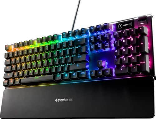 A hybrid gaming keyboard showcasing a vibrant rainbow light illuminating its keys.