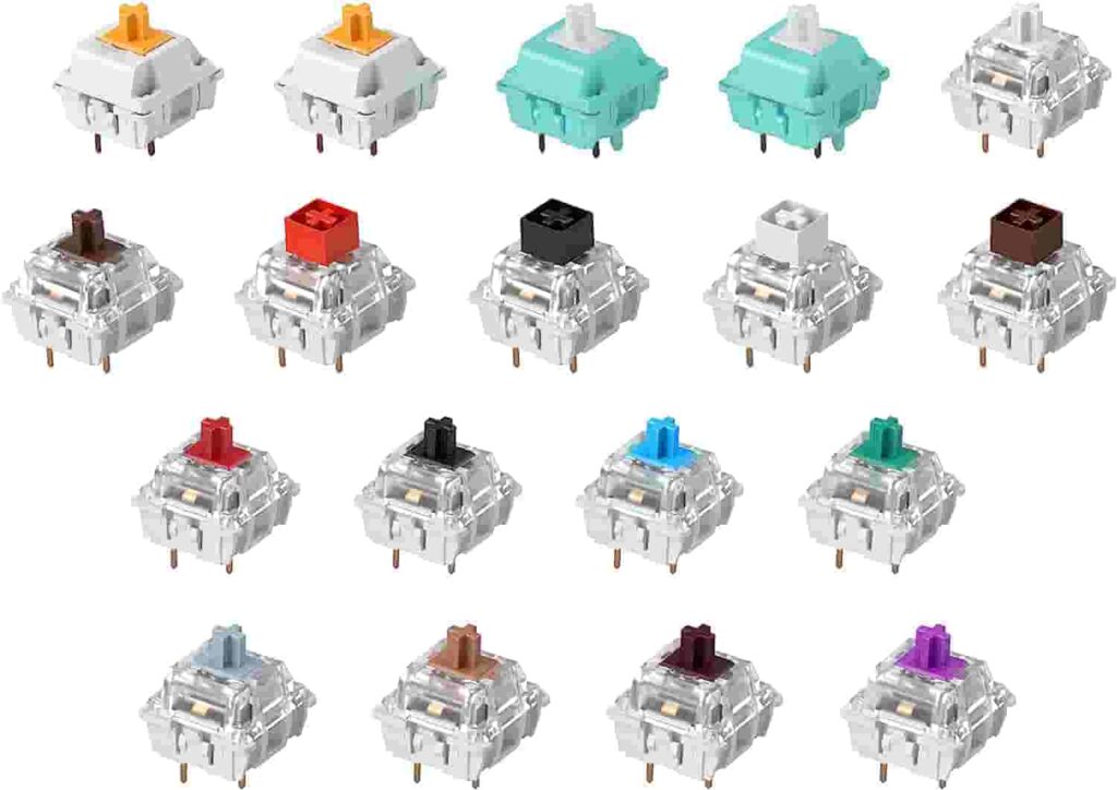 A white background hosts an array of colorful push buttons in this image of keyboard switches