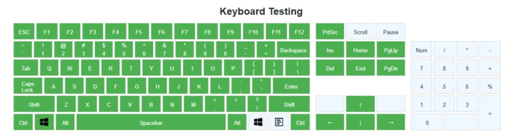 Image: Keyboard tester tool. Press keys to validate functionality. Green keys indicate proper functioning.


