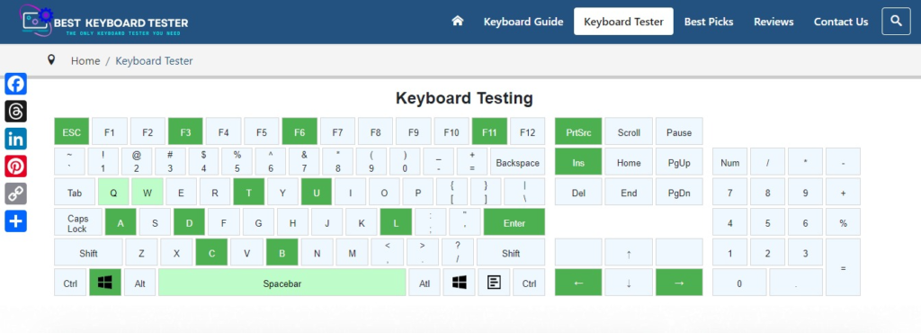 Image of keyboard testing software screenshot. Green keys indicate pressed and working keys, light green keys indicate keys being held.