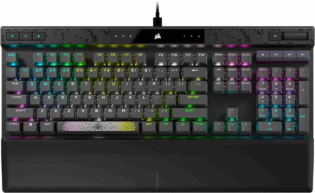 High-quality image of Corsair K70 Max keyboard with customizable RGB lighting and sleek design.