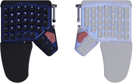 Image featuring Moonlander split ergonomic keyboard alongside a standard mechanical keyboard.