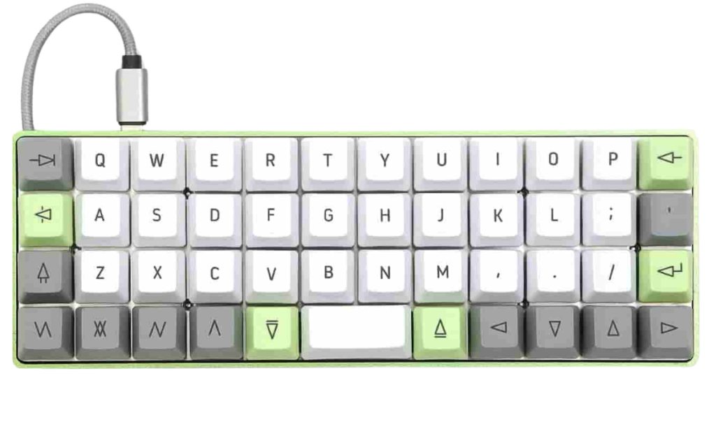 Green and white OLKB Planck Keyboard with USB cable.