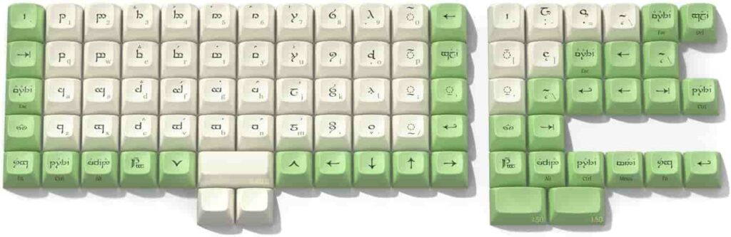 Green and white keycaps of a Ortholinear Keyboard