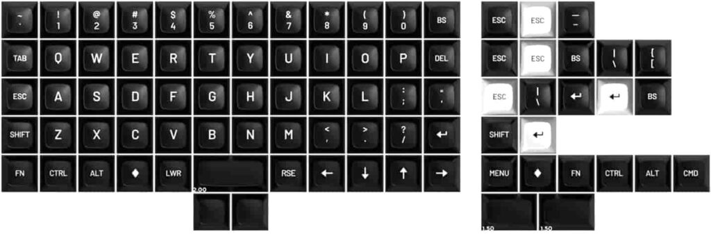 Ortholinear keyboard with diverse key types