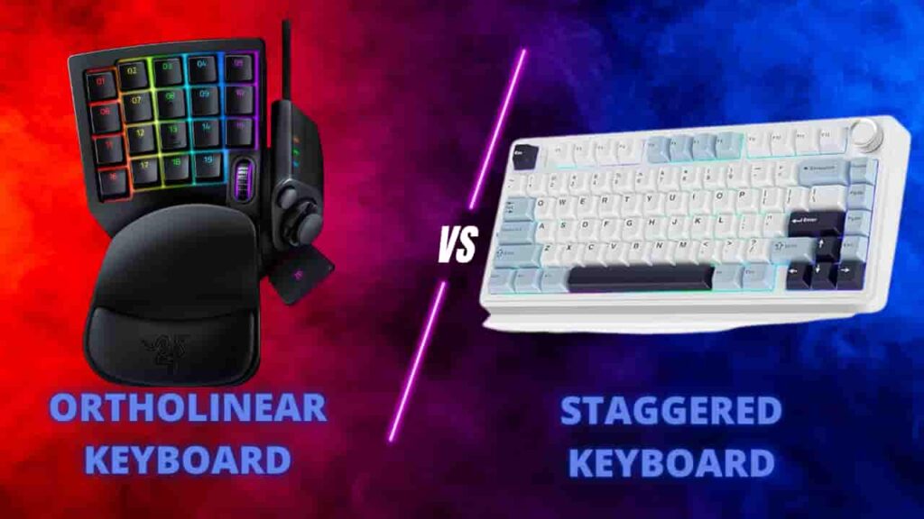 A side-by-side comparison of an ortholinear keyboard and mouse.