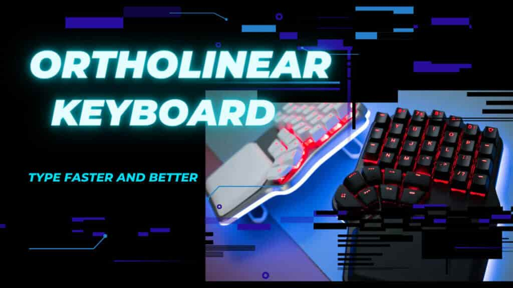 An ortholinear keyboard with red lights on a black background. Ortholinear keyboards have keys arranged in a grid.