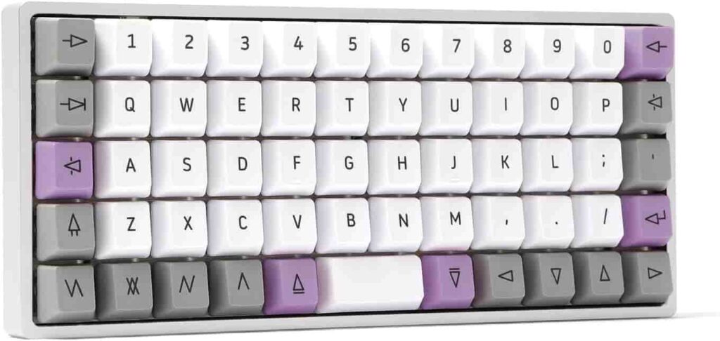 Image of a Preonic Keyboard featuring purple and white keys.