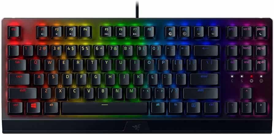 A TKL keyboard with a vibrant rainbow-colored keypad, adding a touch of color to the device.