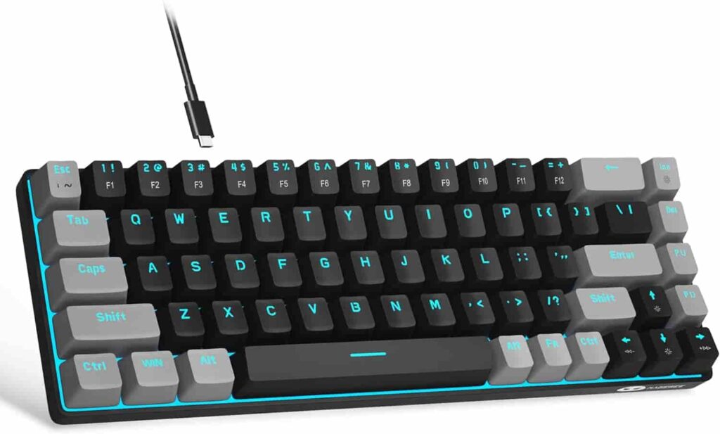 Mechanical keyboard with blue light illuminating the keys.