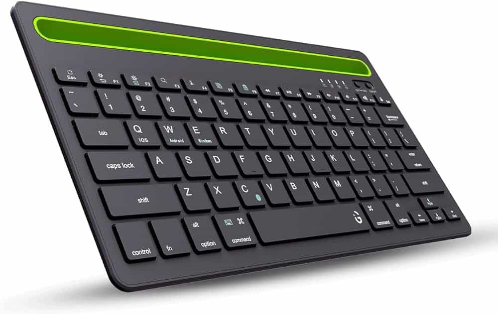  Black wireless Bluetooth keyboard with green light.