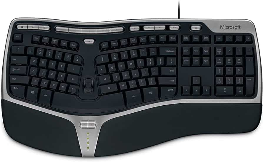 Image of a Microsoft ergonomic keyboard with a touchpad, designed for comfortable and efficient typing.