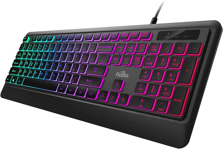 Membrane keyboard with vibrant light display.